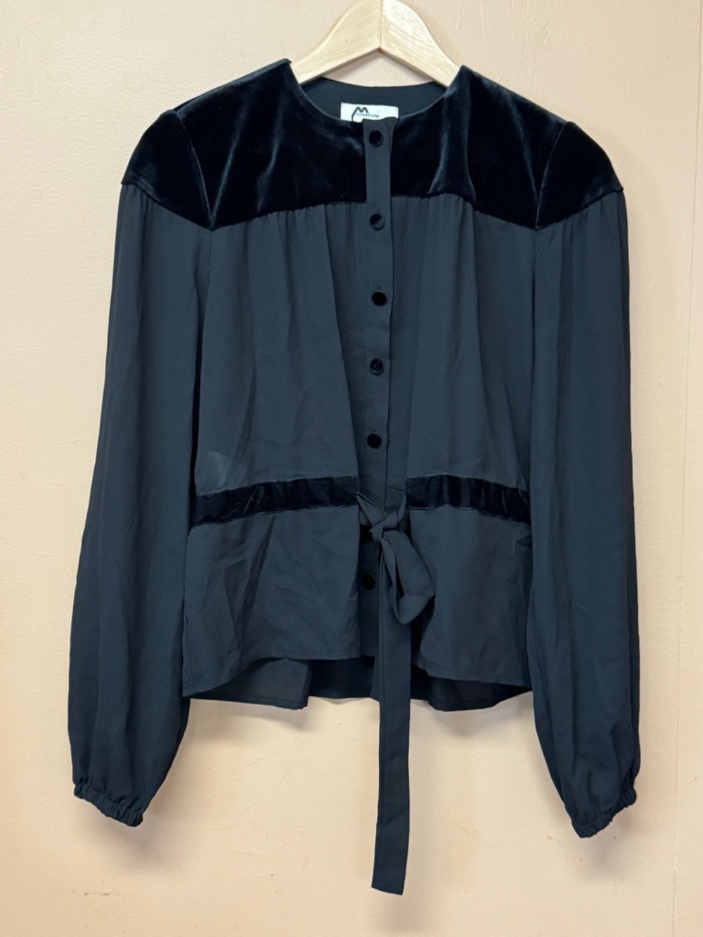 Black Blouse Black Velvet Trim Sheer Button Down Tie Waist Whimsigoth Medium 36